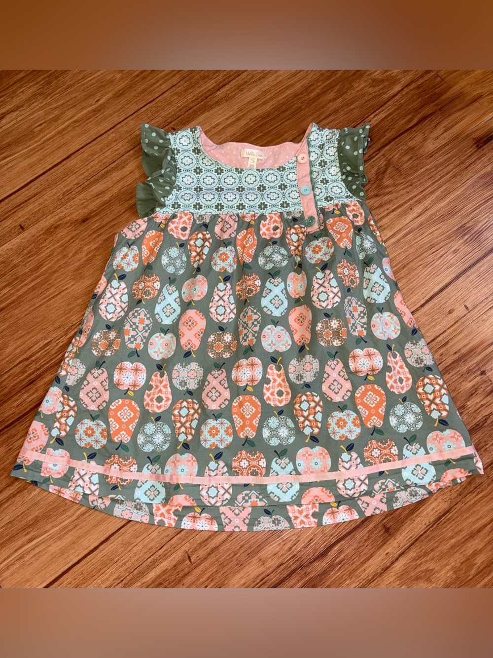 Matilda Jane Apple & Pair Patterned Flutter Sleeve Dress - Green & Pink size 16